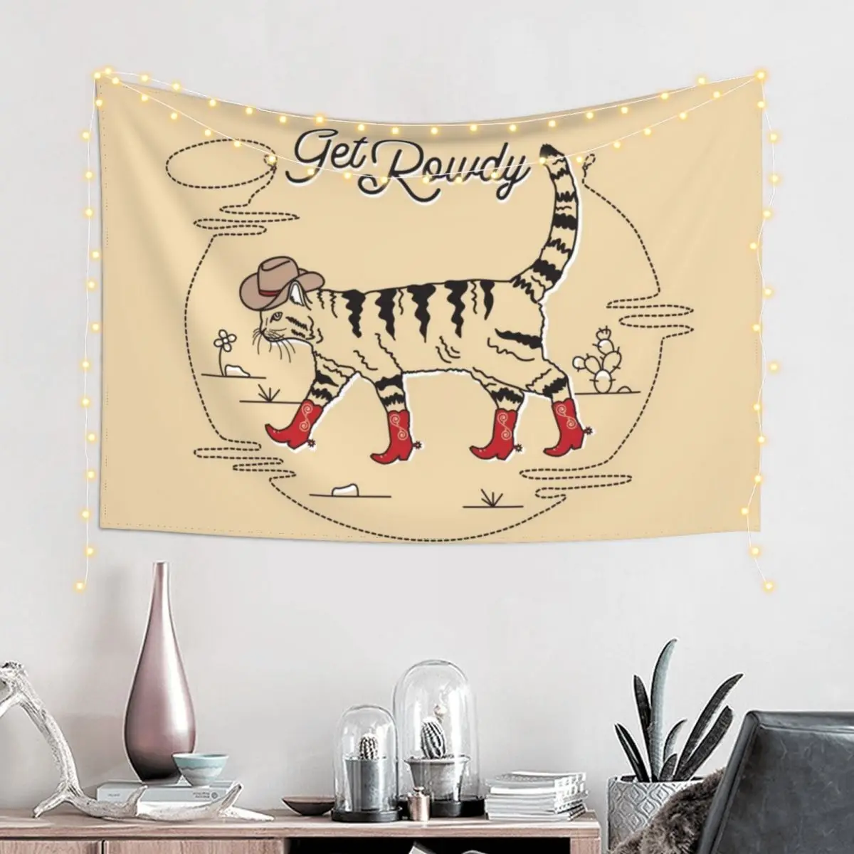 Get Rowdy Country Western Cowboy Cat Tapestry Decor For Bedroom Anime Decor Tapestry