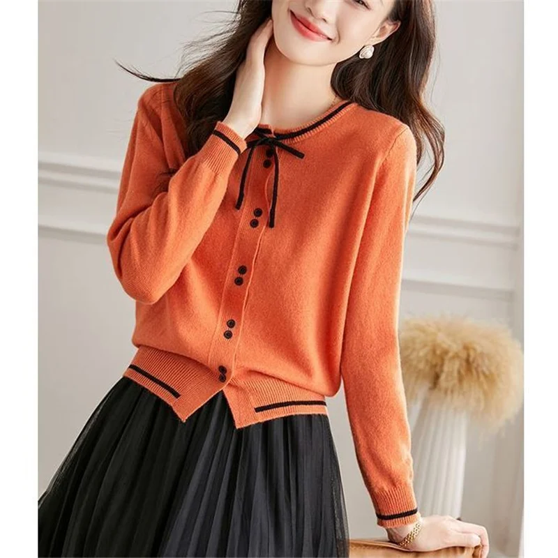 Nuova primavera autunno stile francese elegante Chic Lace Up Bow Kawaii dolce manica lunga Cardigan lavorato a maglia donna Casual Slim maglione Top