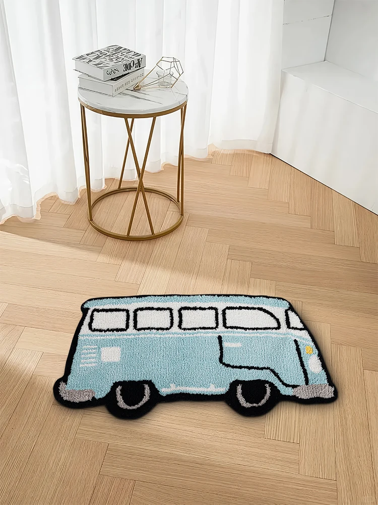 Cute Mini Blue Bus Tufted Rug for Bathroom Bedroom Fluffy Cartoon Bus Area Rug for Kid's Room Bath Mat Home Decor