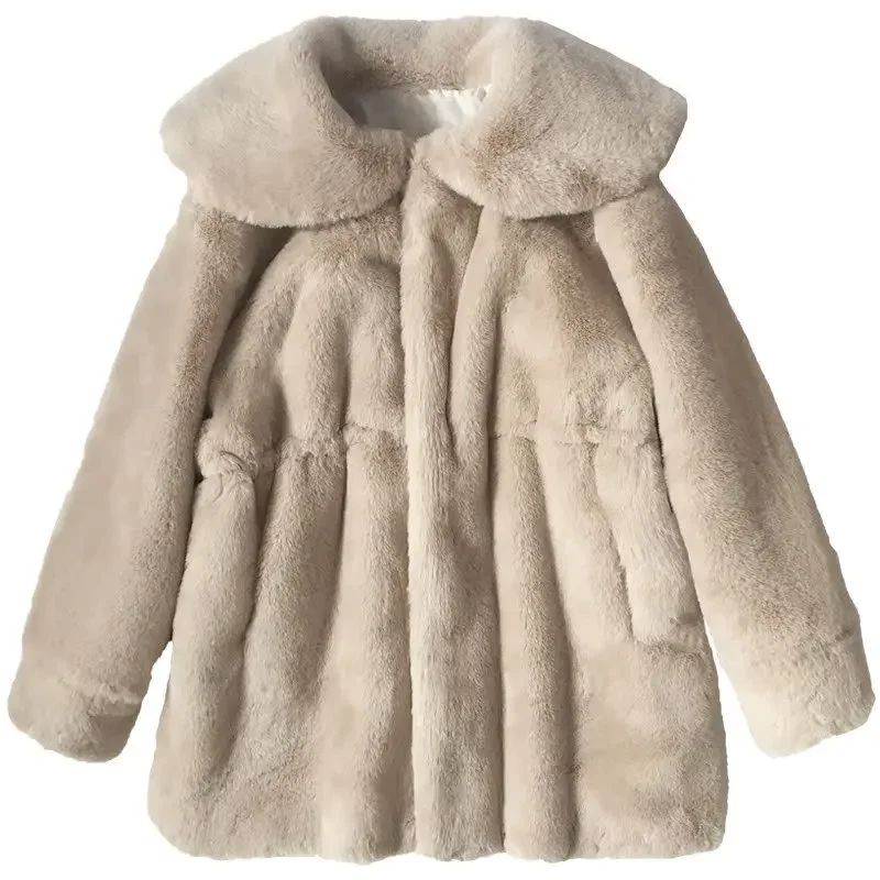 Casual Autumn Winter 2025 Women Faux Rabbit Fur Coats Y2k Overcoat Turn Down Collar Long Sleeves Mid Length Thick Loose Jackets