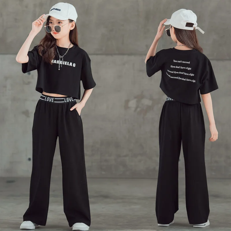 

Children Sets Sale Price Girls Teenagers Suit Short-sleeved Top + Wide-leg Pants Two-piece Set for Casual Outer Wear Loungewear