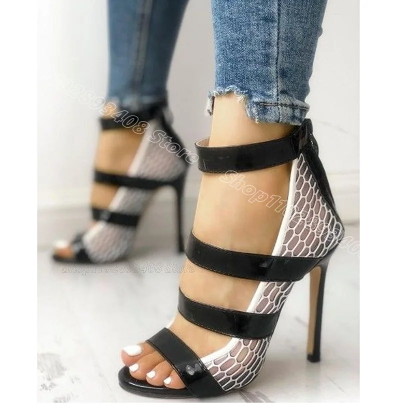 Blue Net Splicing Back Zipper Sandals Stiletto Heels British Style Summer Casual Dress Women Sandals 2024 Zapatos Para Mujere