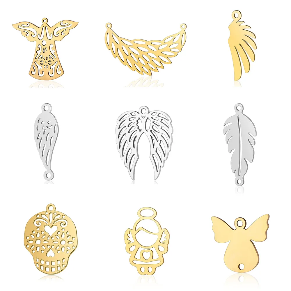 5pcs/lot Angel Wing DIY Charms Wholesale 316 Stainless Steel Feather Connectors Charm Angels Hamsa Hand Skull Jewelry Pendant