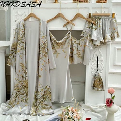 Elegant Print Flower 2/4PCS Pajamas Set Women Casual Kimono Bathrobe Gown Sexy Rayon Sleepwear Nightgown Loose Home Clothes 2023