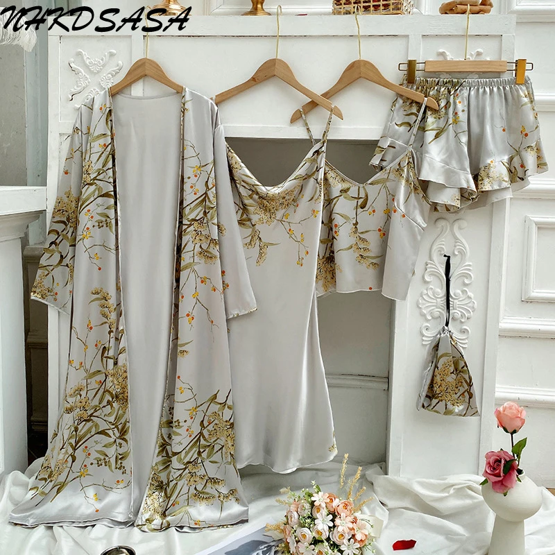 Elegant Print Flower 2/4PCS Pajamas Set Women Casual Kimono Bathrobe Gown Sexy Rayon Sleepwear Nightgown Loose Home Clothes 2023