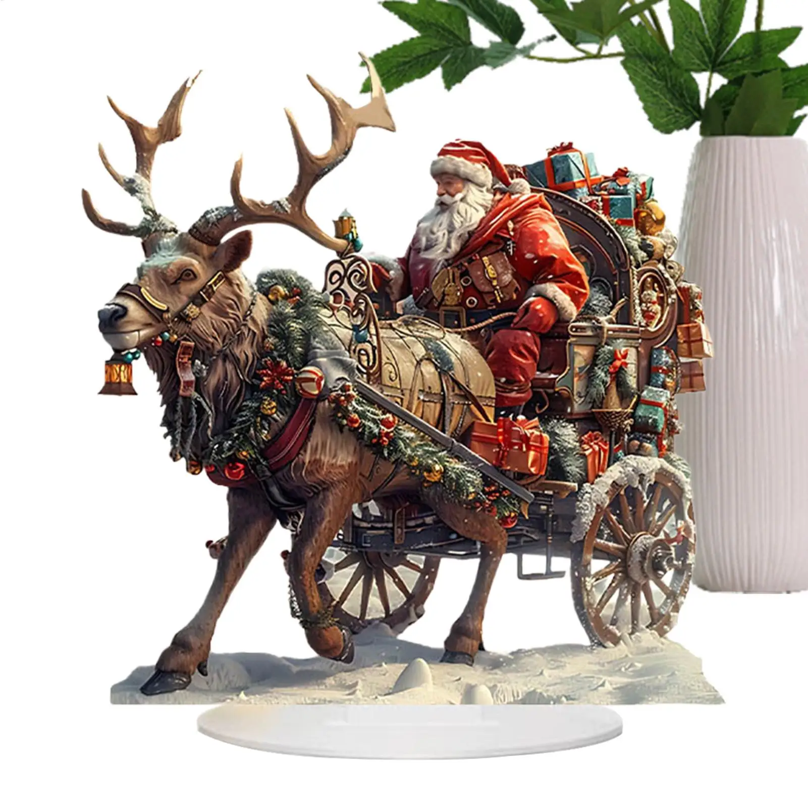 Santa Sleigh Reindeer Figurine 2D Acrylic Table Decor with Santa and Deer for Home Party Winter Holiday Christmas Decorations