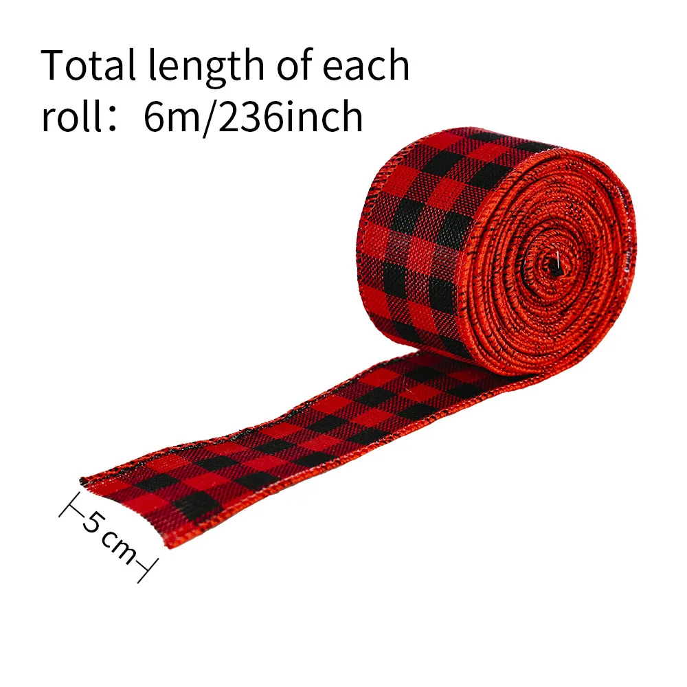 6M*5cm Grid Ribbon Christmas Red Black Plaid Ribbon Christmas Tree Decoration Gift Box Package Wrapping Cloth Ribbon DIY Sewing