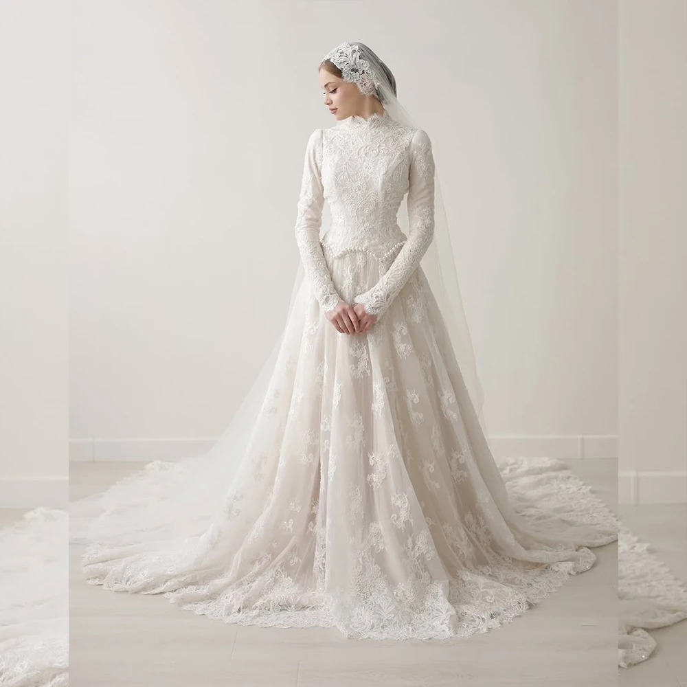 

Exquisite Lace Wedding Dresses High Neck Long Sleeve with Beading A-Line Sweep Train Bridal Gown vestidos de novia Customized