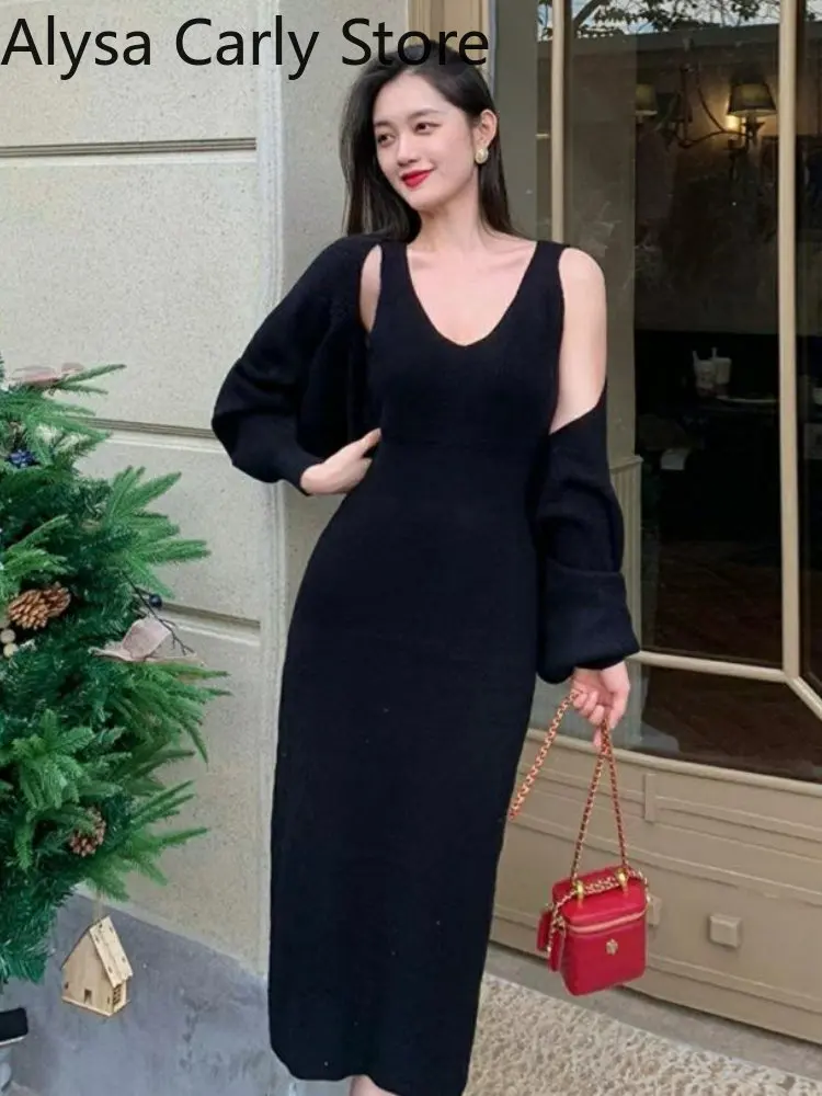 2022 Autumn Casual Knitting 2 Pieces Set Women Knitted Cardigan + Backless Sexy V-neck Strap Dress Female Korean Party Chic Suit