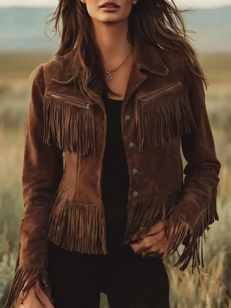 2026 new tassel suede jacket solid color lapel short slim autumn and winter belt women's jacket tassel women jacket