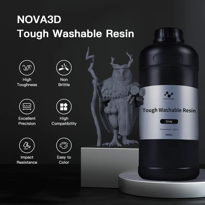 NOVA3D Tough Washable Resin High Toughness 3D Printing Photopolymer Resin 405nm UV Fast Cure for 12K/14K/LCD/DLP/SLA Printers