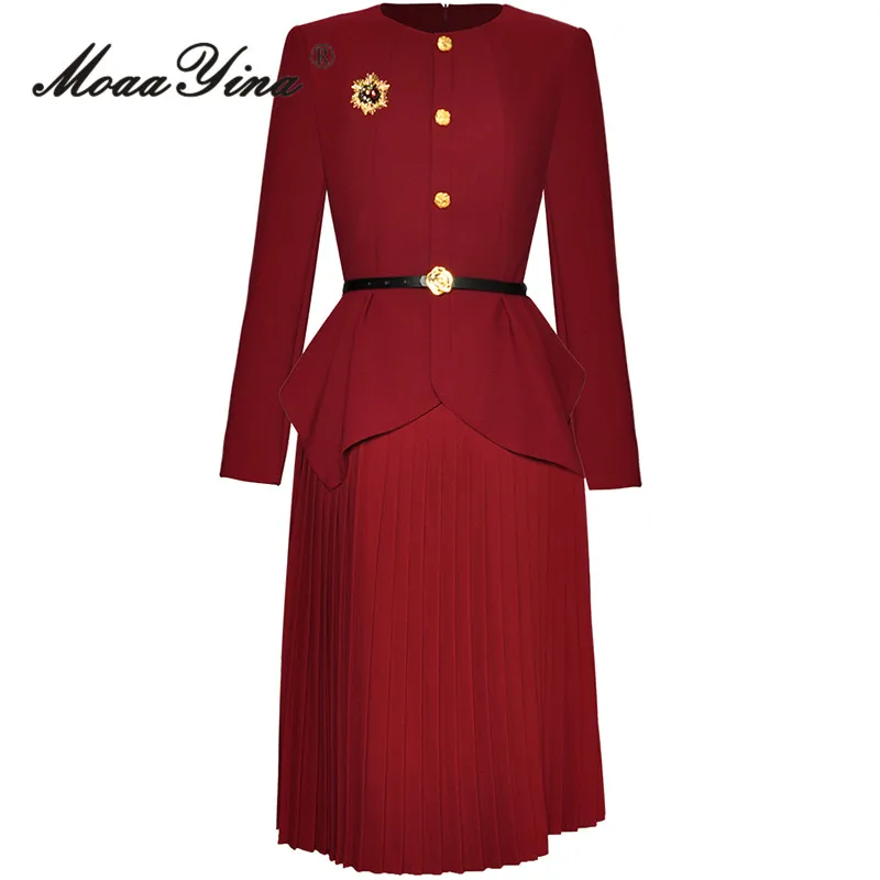 

MoaaYina Autumn Fashion Designer Wine Red Vintage Skirt Set Women O Neck Brooch Sashes Slim Coat+Long Pleated Skirt 2 Pieces Set