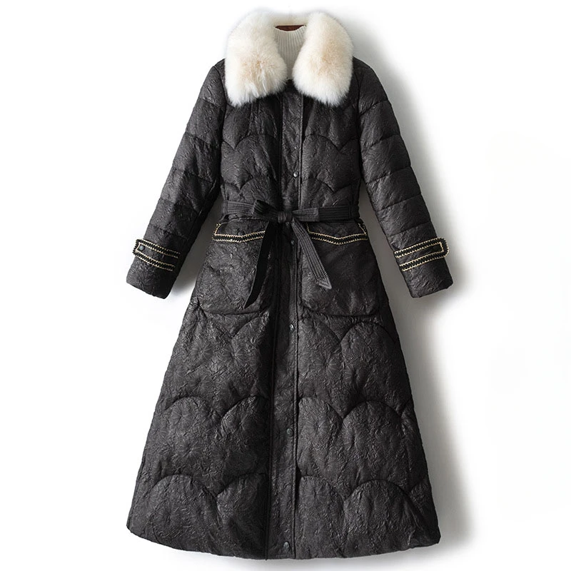 Donne 2023 New Fashion piumini lunghi inverno femminile collo di pelliccia rimovibile cappotti Jacquard capispalla donna cappotto sottile