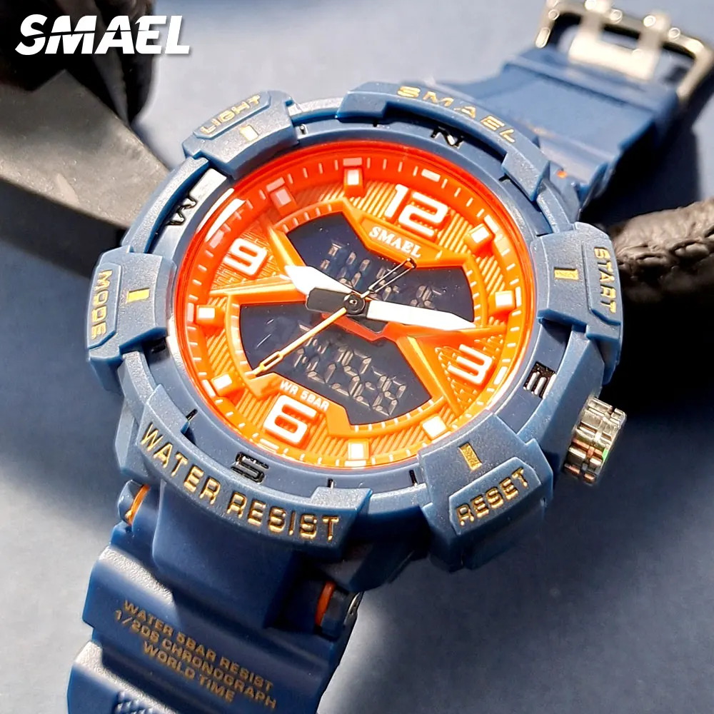 SMAEL Electronical Digital Sport Watch Men Chronograph Quartz Wristwatch with Blue Strap Orange Dial Dual Time Display Date 8076