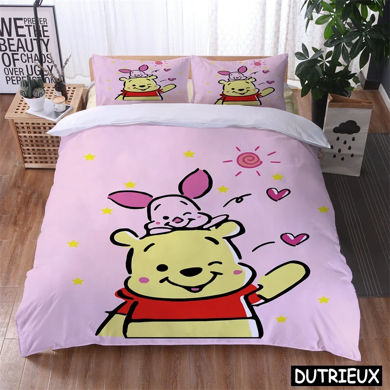 Disney Cartoon Winnie The Pooh Kawaii Bedding Set Queen King Size Duvet Cover Set For Children\'s Boys Girls Gift Bedroom Decor