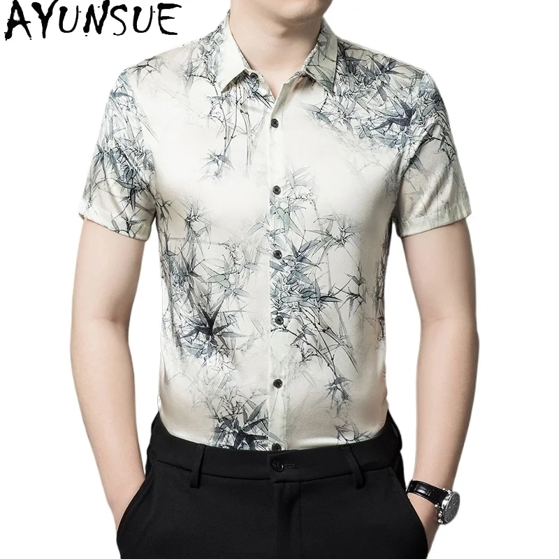 SYUNSUE 90.8% Mulberry Silk Mens Shirt Short Sleeve Shirt Men Summer Shirts for Men One Piece Shirt Mens Clothing Рубашка Летняя