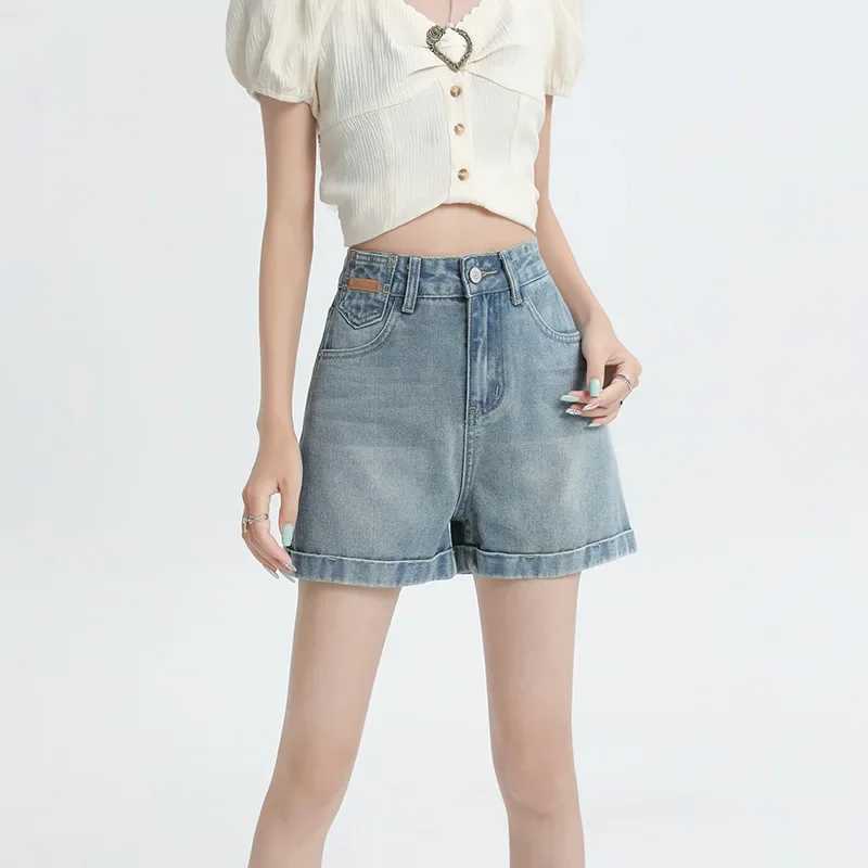 

Denim Shorts Women's Summer New Style Retro Rolled Edges Instagram Style High Waist Slimming A-line Short Stature Hot Pants