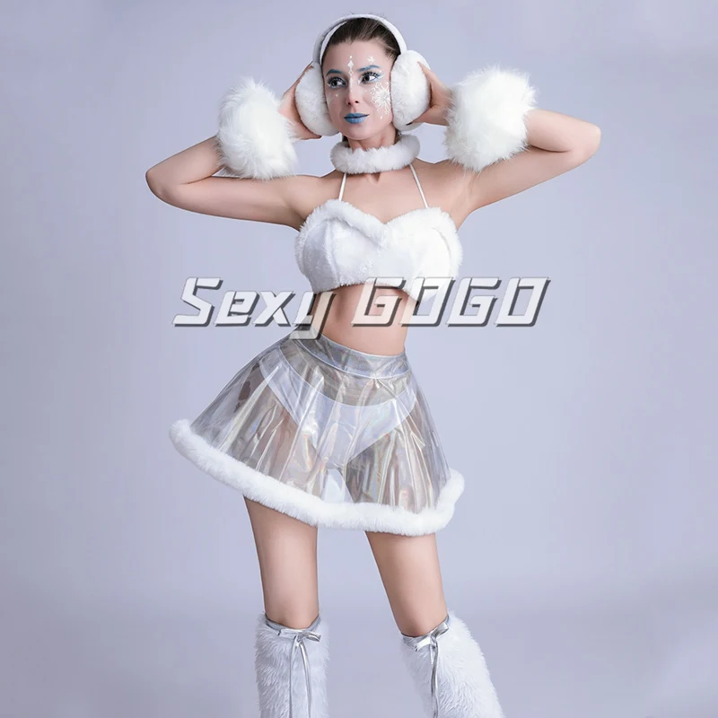 Sexy Party Pole Dance Clothing White Fur Top Perspective Skirt Women Performance Gogo Dance Costumes Ds Dj Rave Outfit XS7492