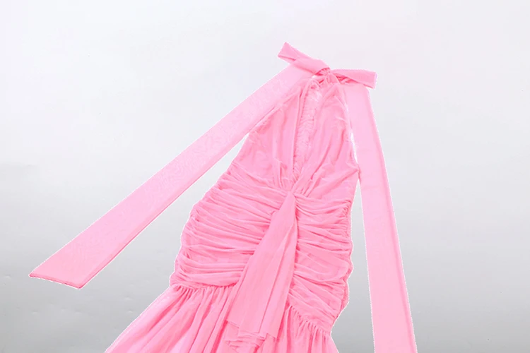 Weird Puss Elegantes Rückenfreies Kleid für Damen mit Tiefem V-Ausschnitt, Neckholder, Gerafftem Rock, Schlitz, Mesh-Patchwork, Sexy Party-Club-Kleid mit Pfirsichfarbenem Po-Effekt – Detail 15
