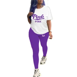 Casual 2-Piece Sets for Women, Pink Letter Print Tracksuits, Plus Size Sweatsuit, 3XL Top and Skinny Pants Outfits, 2PCs