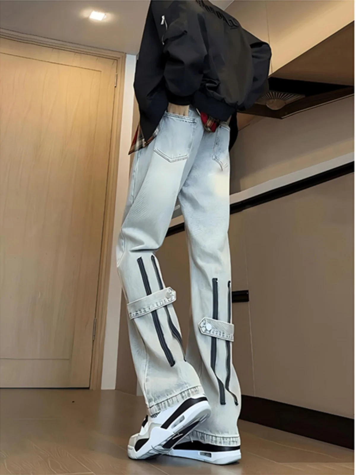 

Мужские джинсы с высокой талией, прямые, на молнии, удлиненные, облегающие, цвета желтой грязи, в американском уличном стиле