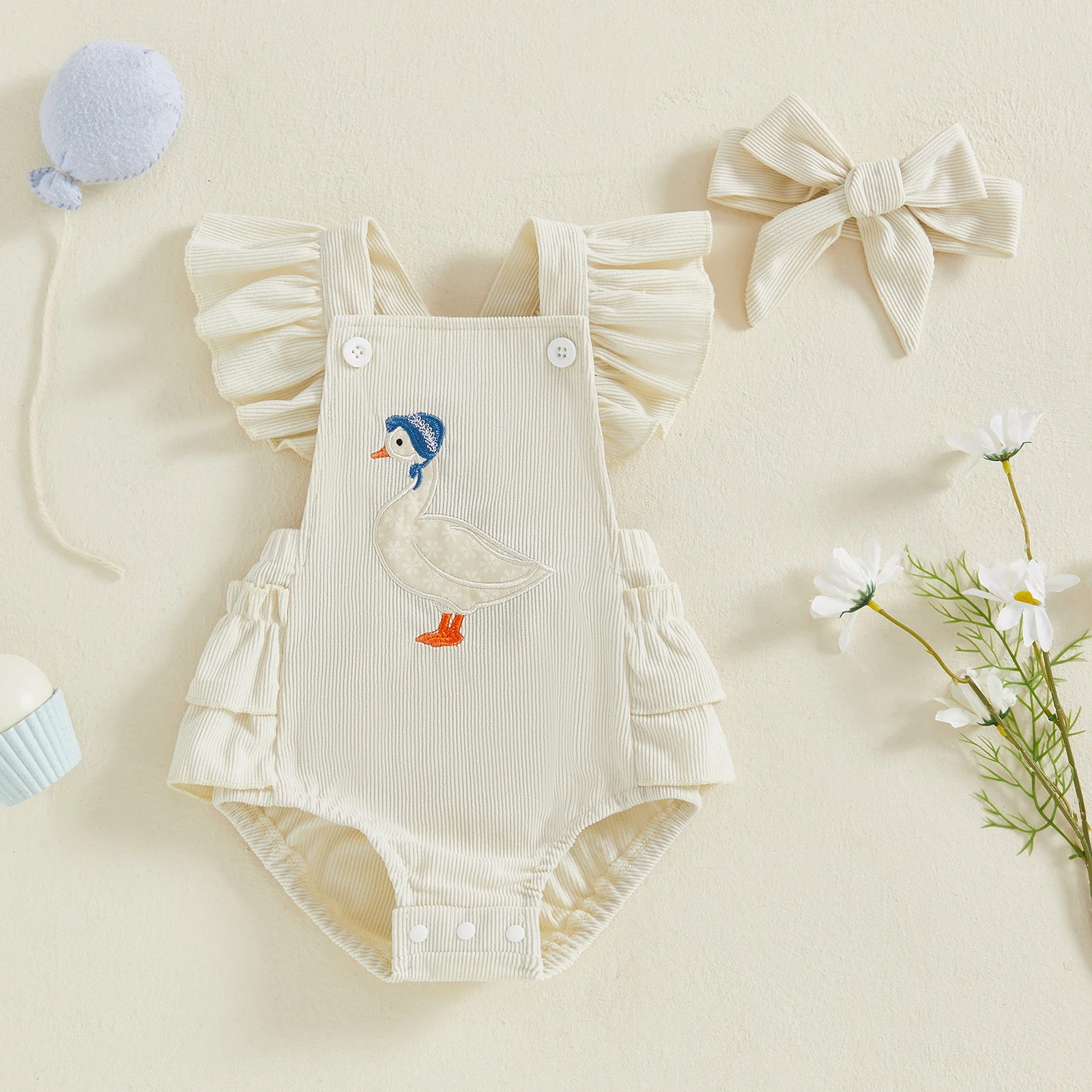 

2025-06-05 Lioraitiin Baby Girl Goose Outfit Cute Animal Embroidered Flying Sleeve Corduroy Overalls Romper and Headband Set