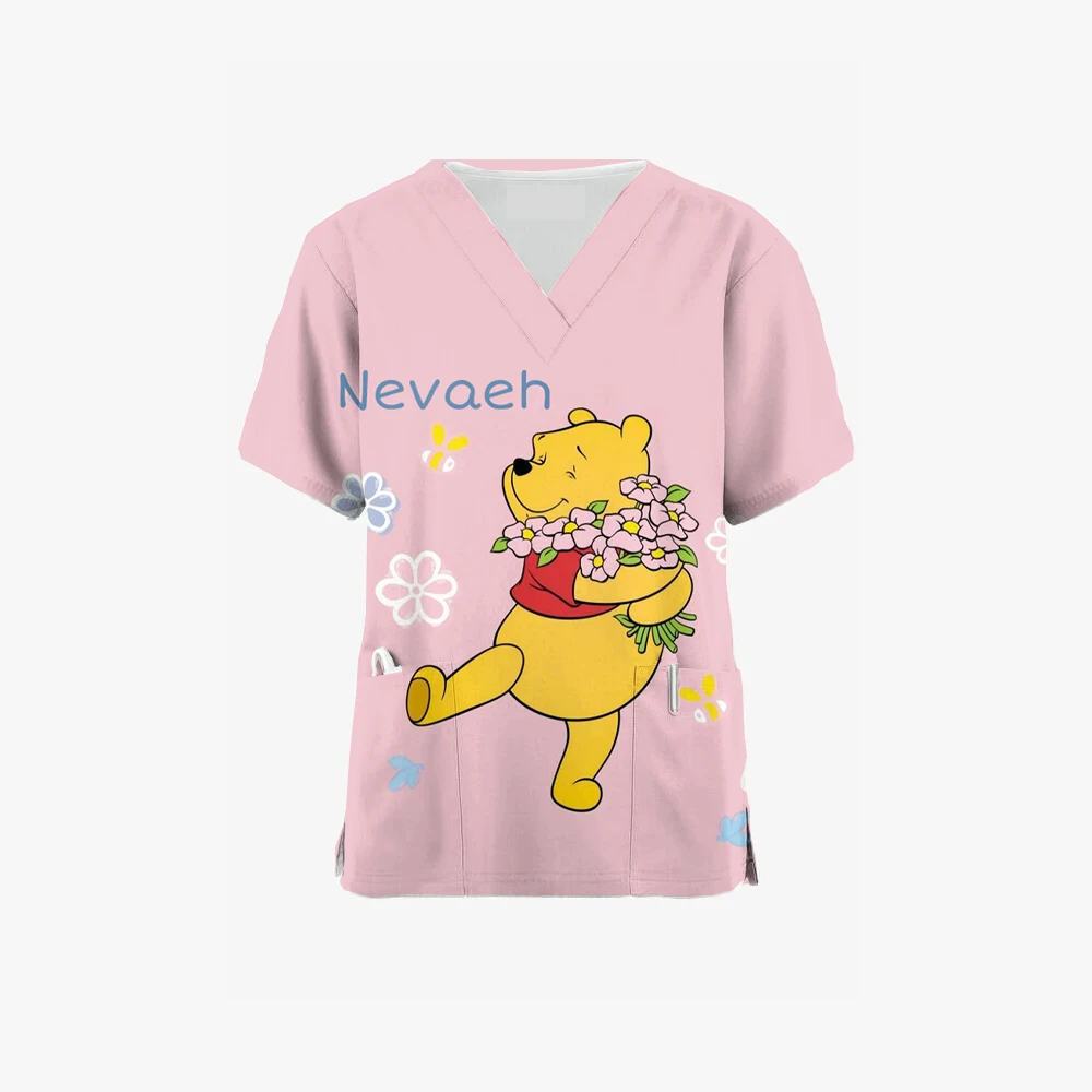 جديد فرك الطبية المرأة ملابس على شكل حرف v ديزني ويني ذا بوه الكرتون البيطرية سبا التمريض البنطال القصير المرأة الزي الطبي