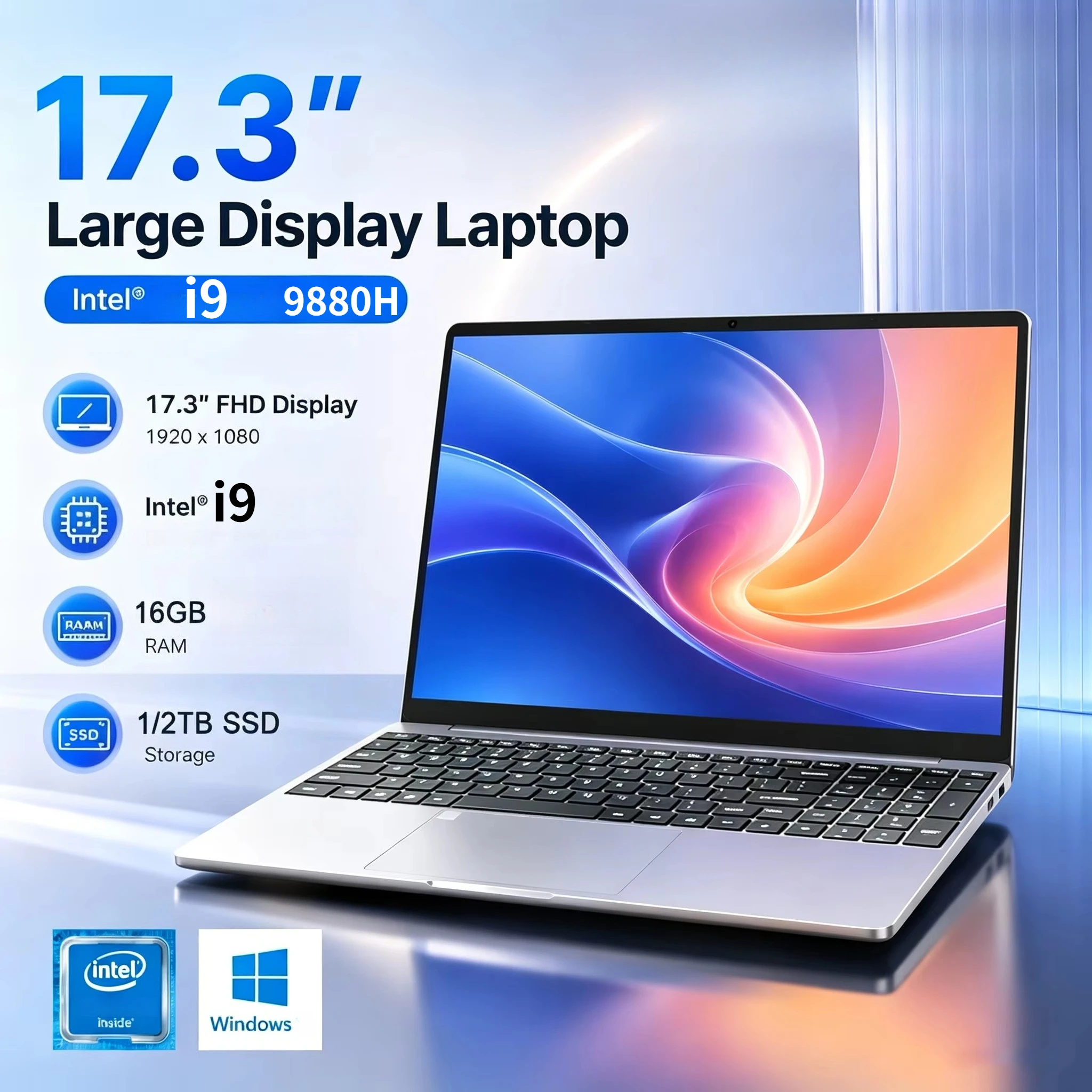 Hot 17.3Inch Notebook Intel i9 9880H 32GB 2TB Windows Large Screen Fingerprint Unlock Office Gaming Laptop Computer PC