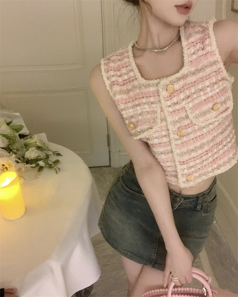 KUSAHIKI Elegant Tweed Sleeveless Single Breasted Square Collar Waistcoat 2023 Summer New Women Fashion Short Cardigan Vest Tops