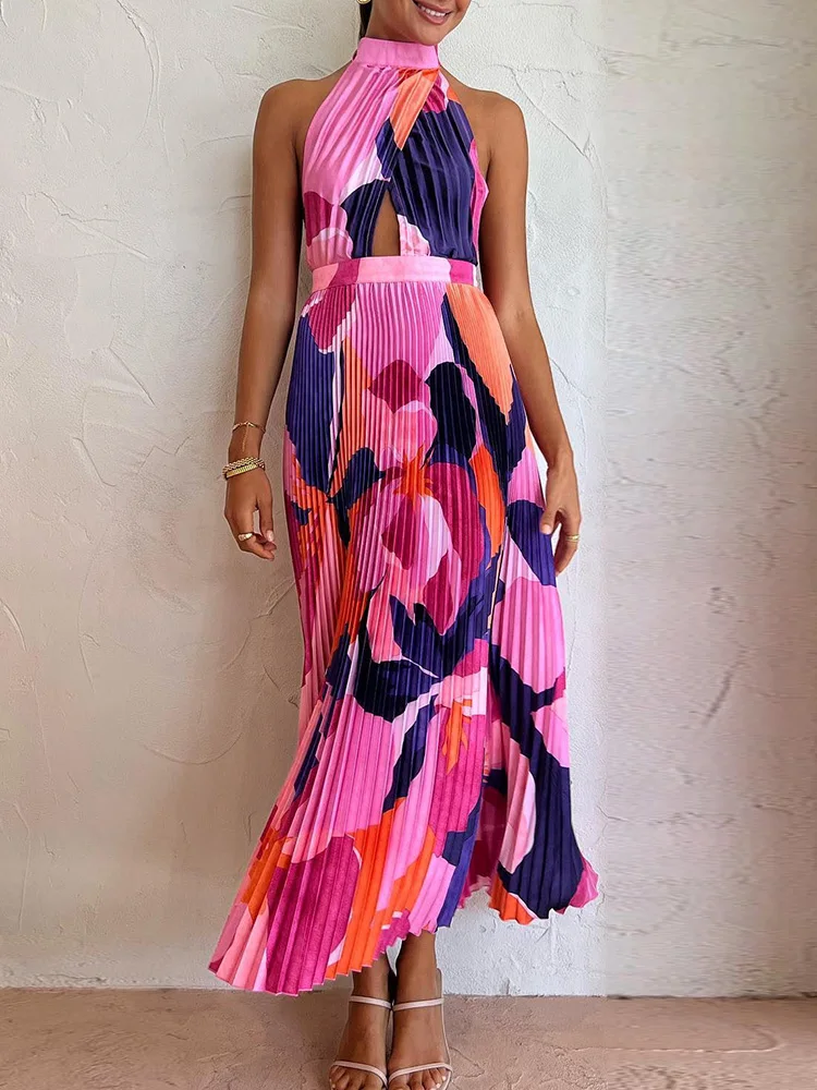

High Waist Patchwork Pleated Print Dress Chic Sexy Lady Slim Fit Sleeveless Long Dress Women Halter Backless Off Shoulder Dress