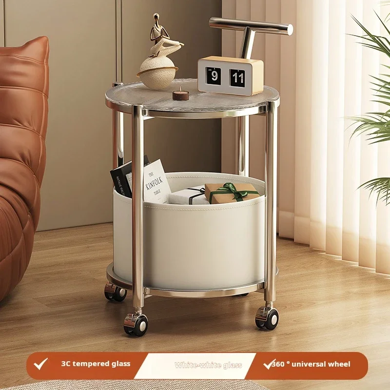 Moving Side Table with Wheel Small Coffee Table Home Kitchen Corner Round Table Bedside Storage Trolley Living Room Furniture