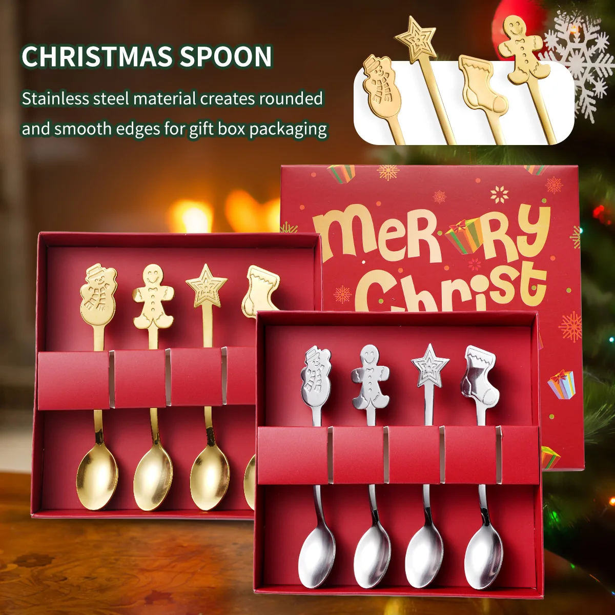 4Pcs Stainless Steel Snowman Stocking Snowflake Pattern Dessert Spoon Christmas Coffee Spoons  Tableware Xmas New Year Gift Box