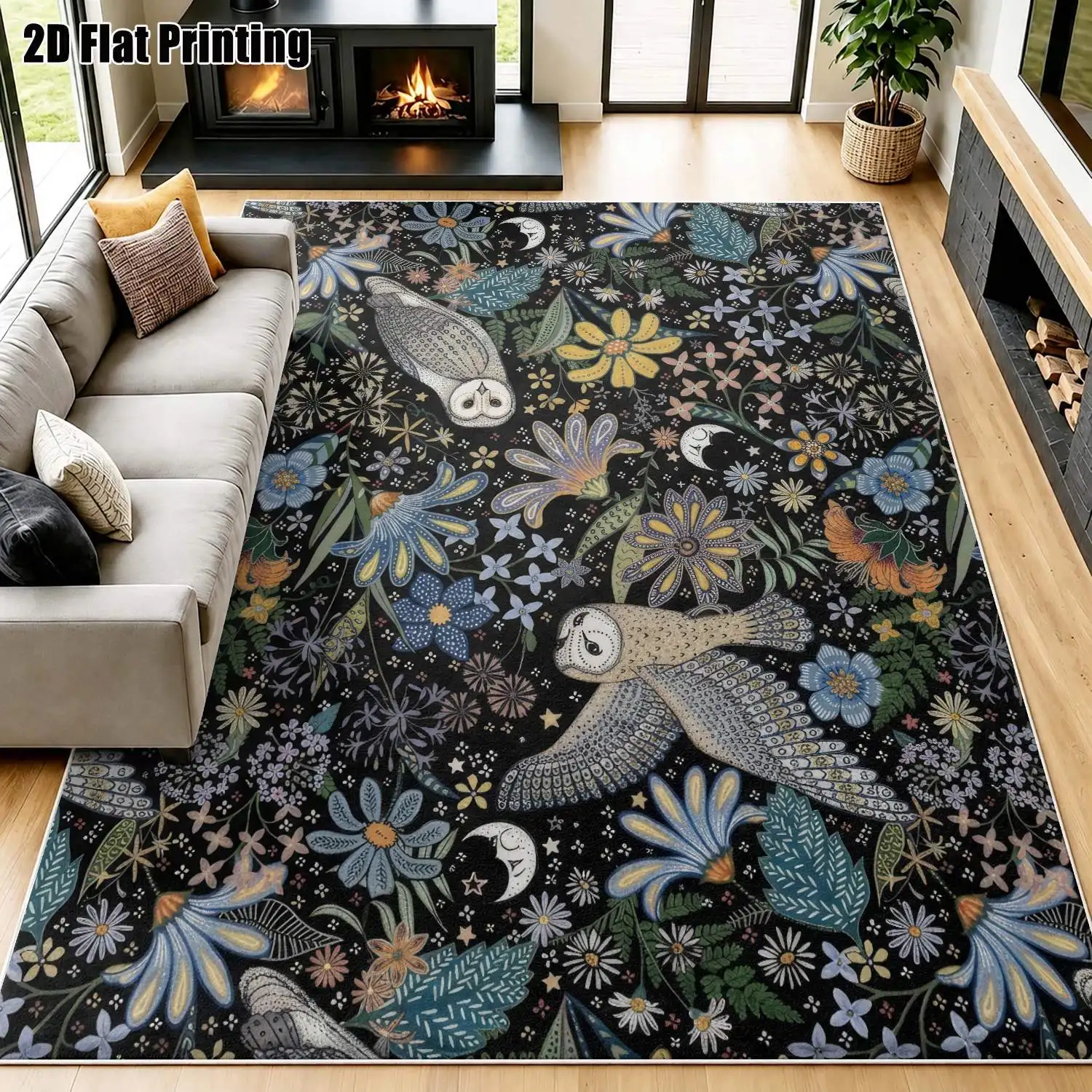1Pc 2D Printed Velvet Carpet: Blue-Black Background, Owl&Flower Patterns Multi-Style, Multi-Size, Machine Washable, Ideal for Home Decor as Various Types of Mats/Carpet.