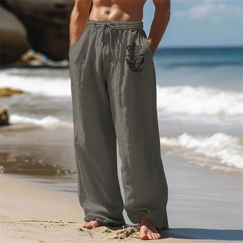 

Летние мужские повседневные пляжные брюки для отдыха на открытом воздухе, прямые брюки свободного кроя, широкие брюки в винтажном стиле, дизайн на шнурке