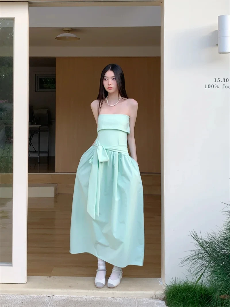 Mint Green Strapless Backless Bow Maxi Dress