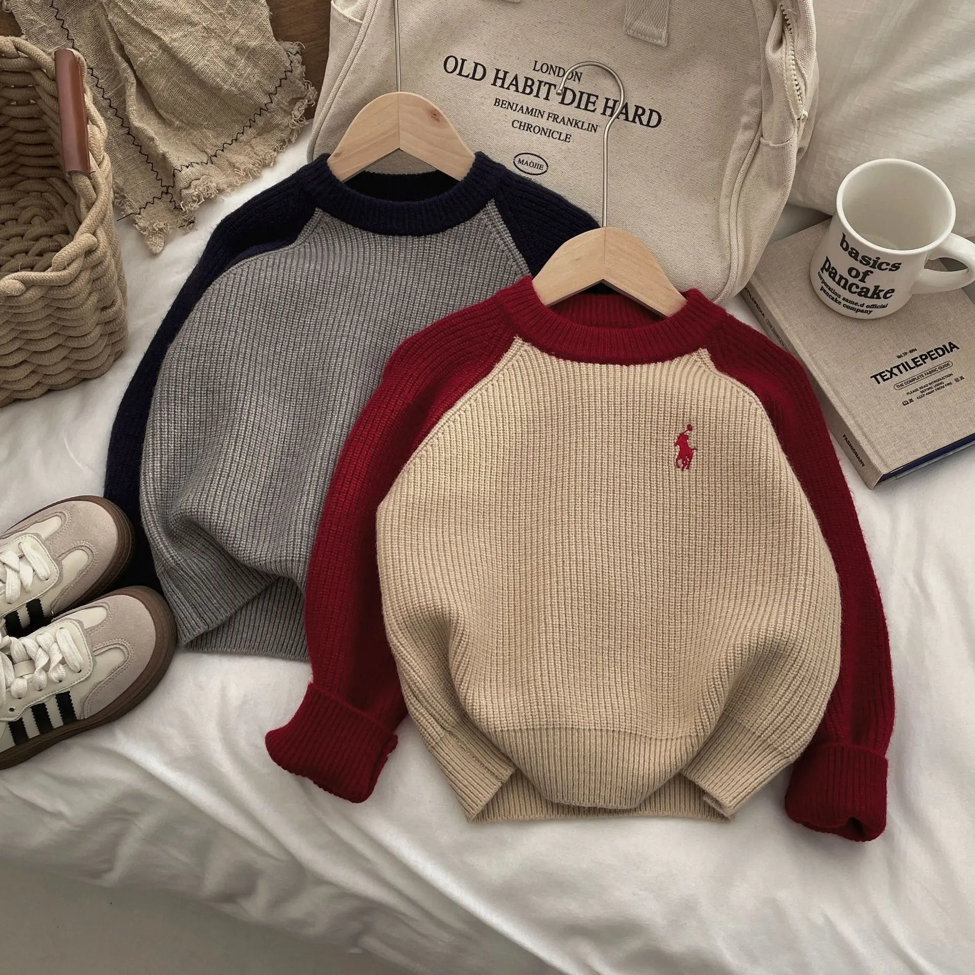 

2025 Autumn & Winter Kids Sweater, Color Block Round Neck Pullover, Korean Style Thick Knitwear for Boys & Girls