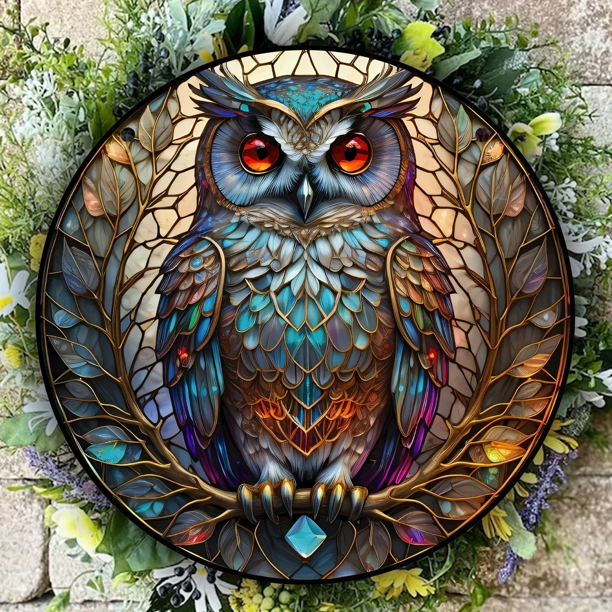 

Owl night atmosphere colorful gemstone disc pendant window decoration outdoor porch decoration