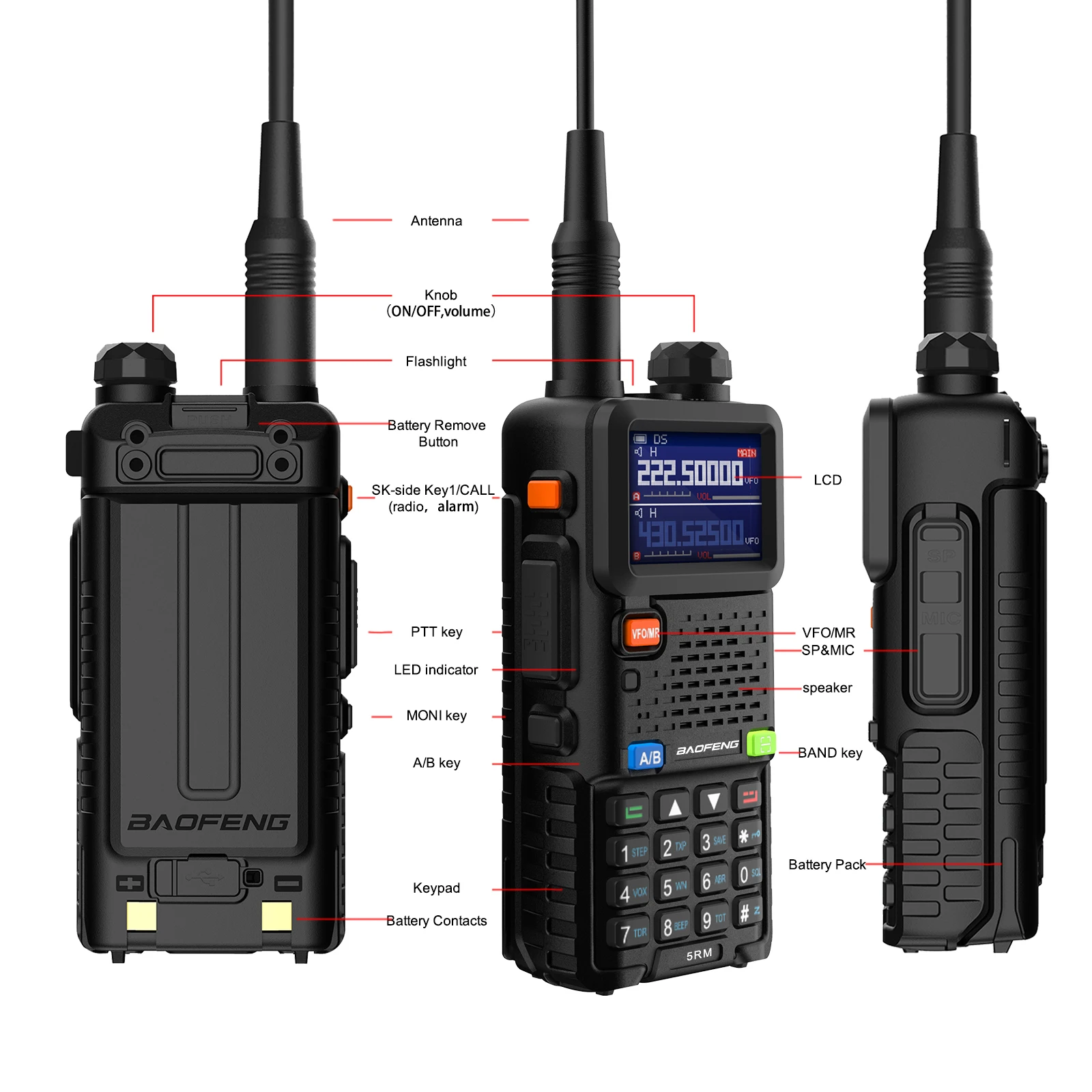 Baofeng-Radio bidireccional de 6 bandas, receptor de Tiempo NOAA, frecuencia de llave, UV-5RH de coincidencia, 5RM, 8W, 136-174/220-260/400-520MHz