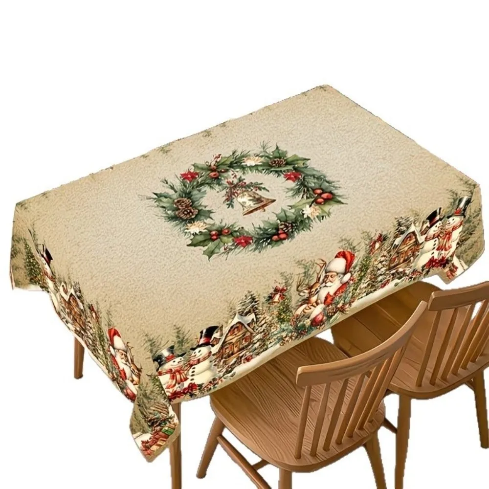 Retro Polyester Christmas Tablecloth Round/Rectangle Santa Claus Print Holiday Table Decor Xmas Tablecloth New Year Celebration
