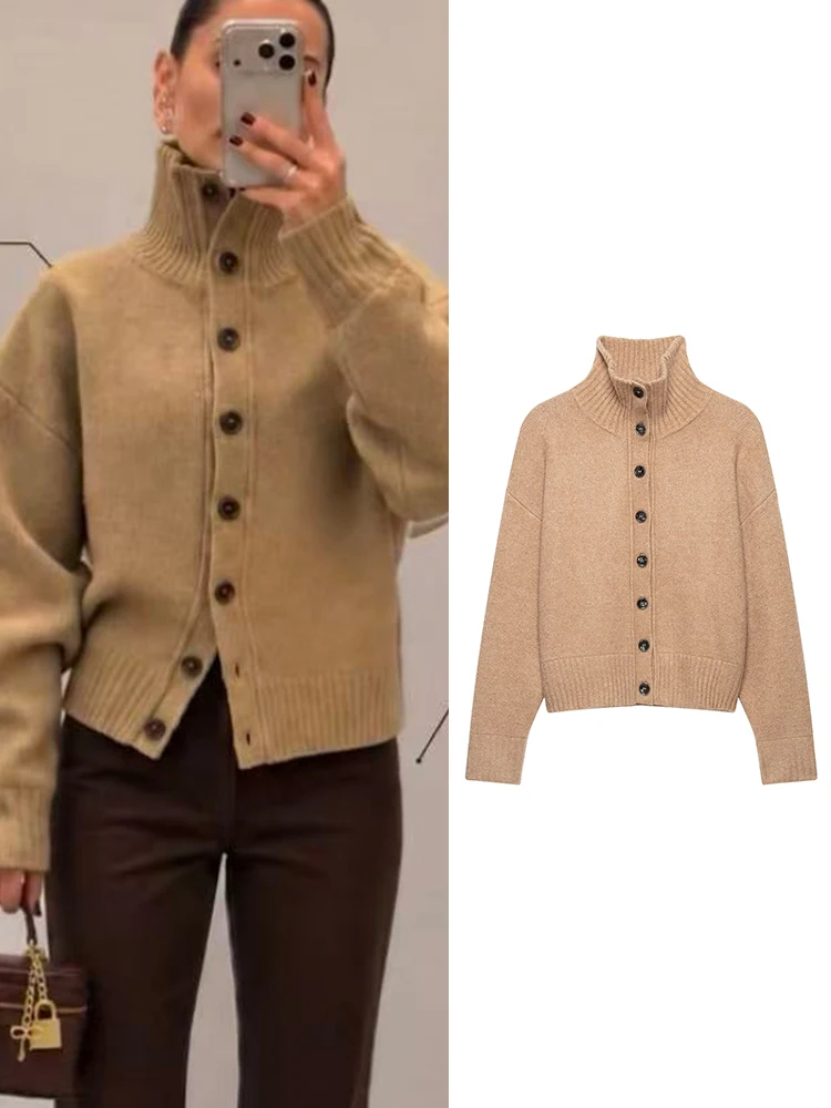TFMLN Women's Sweater Knitwear High Collar Top Single Breasted Knitted Coats Long Sleeve Solid Autumn Winter Cardigan Jacket