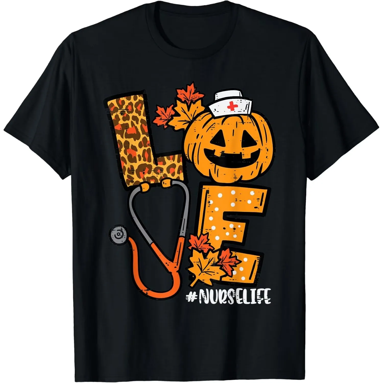 Leopard Pumpkin Nurse Halloween Costume Fall Scrub Top Women T-Shirt Size S-6XL