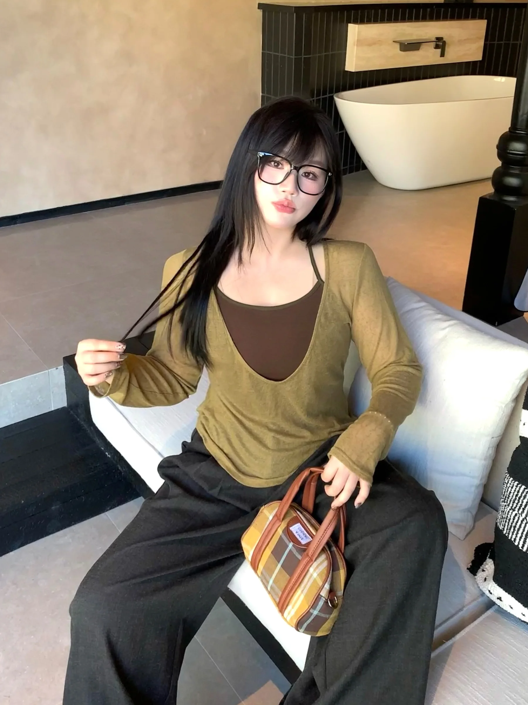 

Women's Long Sve U-Ne Splice Hanging Ne Strap Top Soft Knitted Sweater Artistic Commute Sle Two-Piece Set Casual Wear