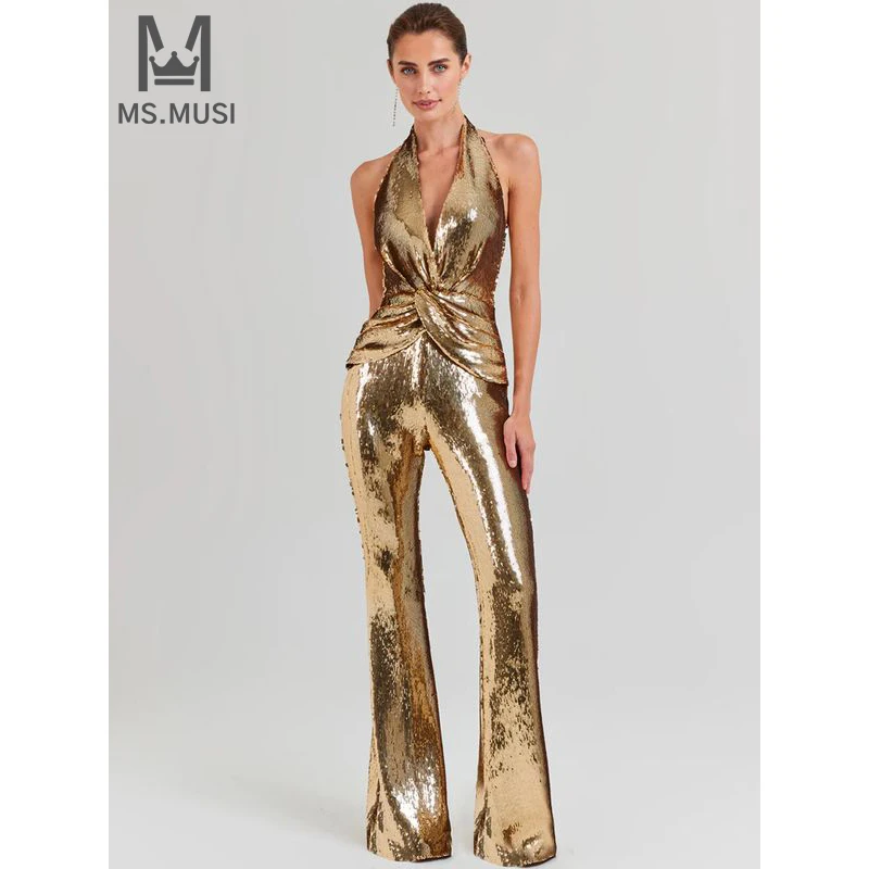 

MSMUSI 2024 New Fashion Women Sexy Halter Sequins Fold Sleeveless Backless Bodycon Party Club Event Flare Pant Lady Jumpsuit