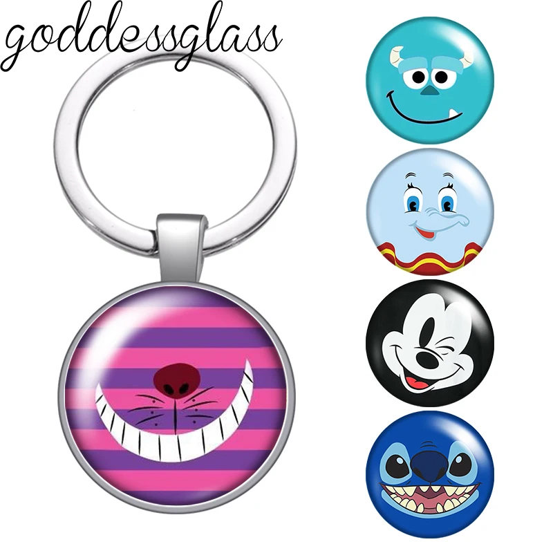 Disney Cheshire cat Dumbo Mickey Stitich Face Photo cabochon key chain Ring Holder Charms silver color pendant for Kid