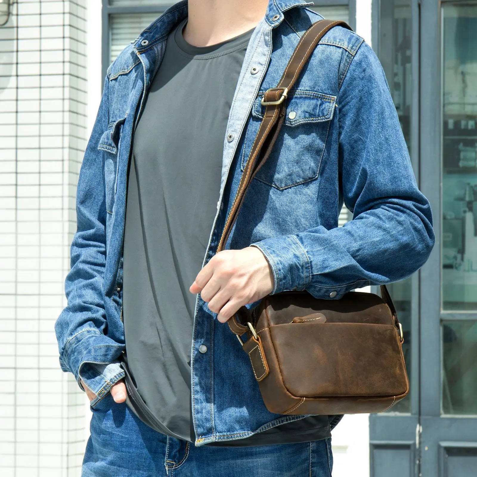 Crazy Horse Leather Messenger Bag Men's Leather Shoulder Bag for Mobile Phone Sling Bags for Men Woman Cross Body Bag view 6