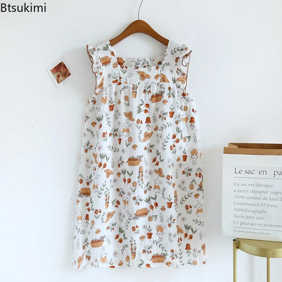 2025 Women's Sleeping Skirt Spaghetti Strap Nightdress Skirt 100% Cotton Gauze Comfortable Floral Print Home Pajamas for Women