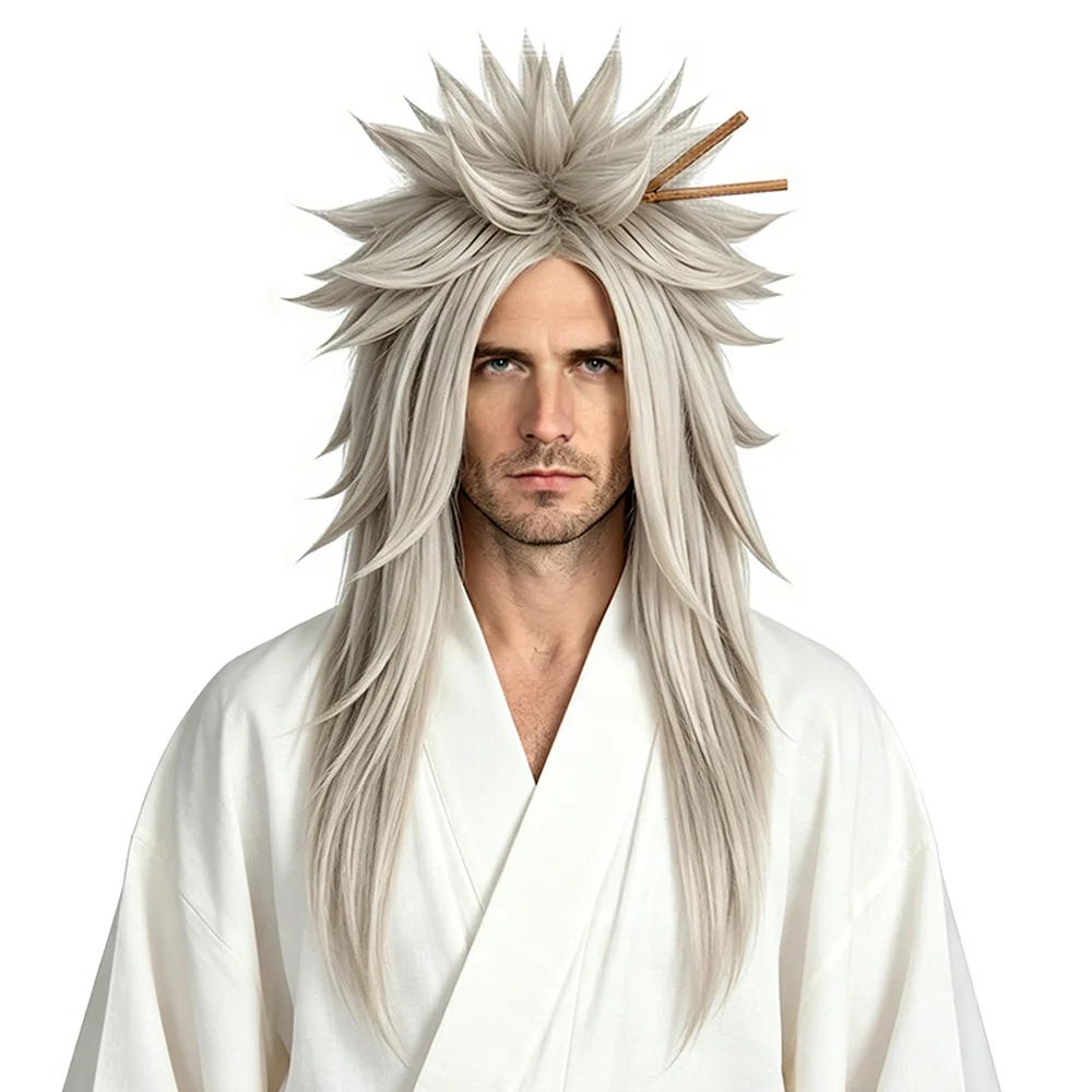 

Jiraiya Cosplay Wig Light Ash Gray Upright Spiky 95cm Long Ponytail Heat Resistant Synthetic Anime Wig Unisex Halloween Party