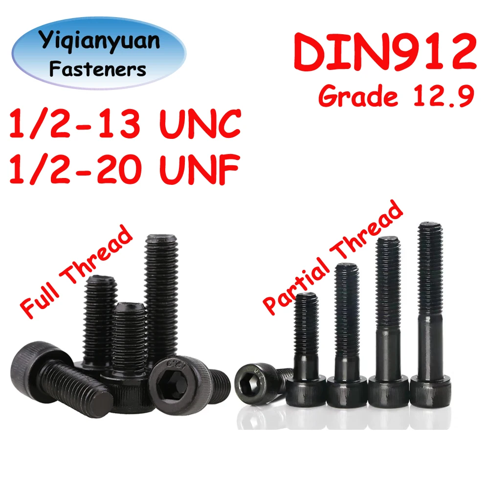 

Yiqianyuan 1/2'' UNC UNF DIN912 Grade 12.9 Alloy Steel Hex Socket Knurled Cap Head Bolts Allen Key Screws Full/Partial Threaded