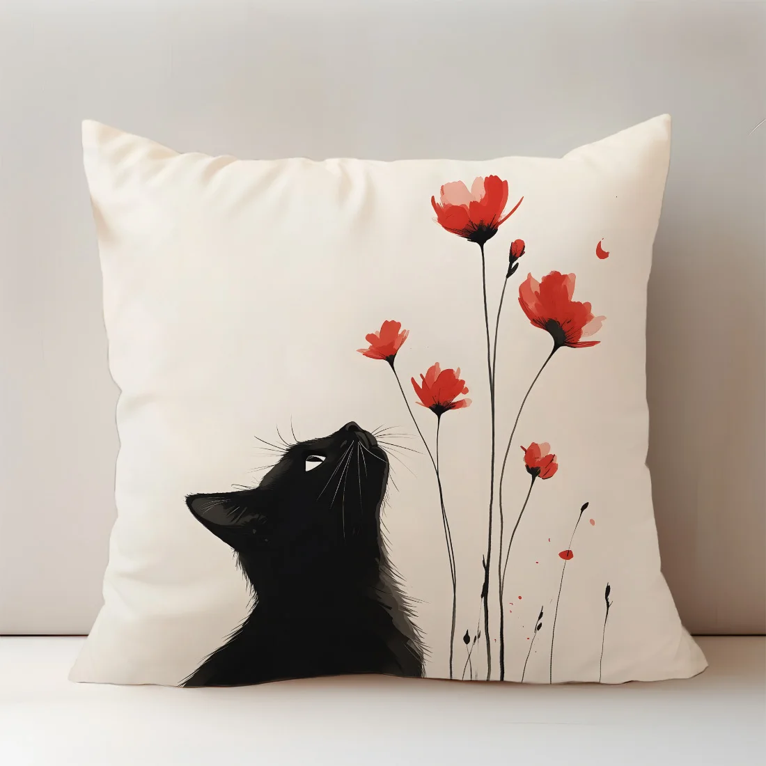 Minimalistischer Kissenbezug mit schwarzer Katze und rotem Mohnblumenmuster, künstlerischer Tintendruck, bezaubernder Kätzchen-Kissenbezug für Sofa, Bett, Couch, gemütliche Heimdekoration