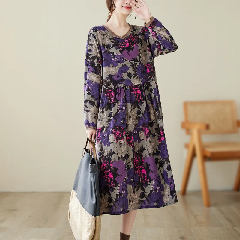 Nyfs Herbst neue Frau Langarm Kleid Vestidos Robe ete Femme Elbise lose Baumwolle Leinen V-Ausschnitt Druck lange Kleider